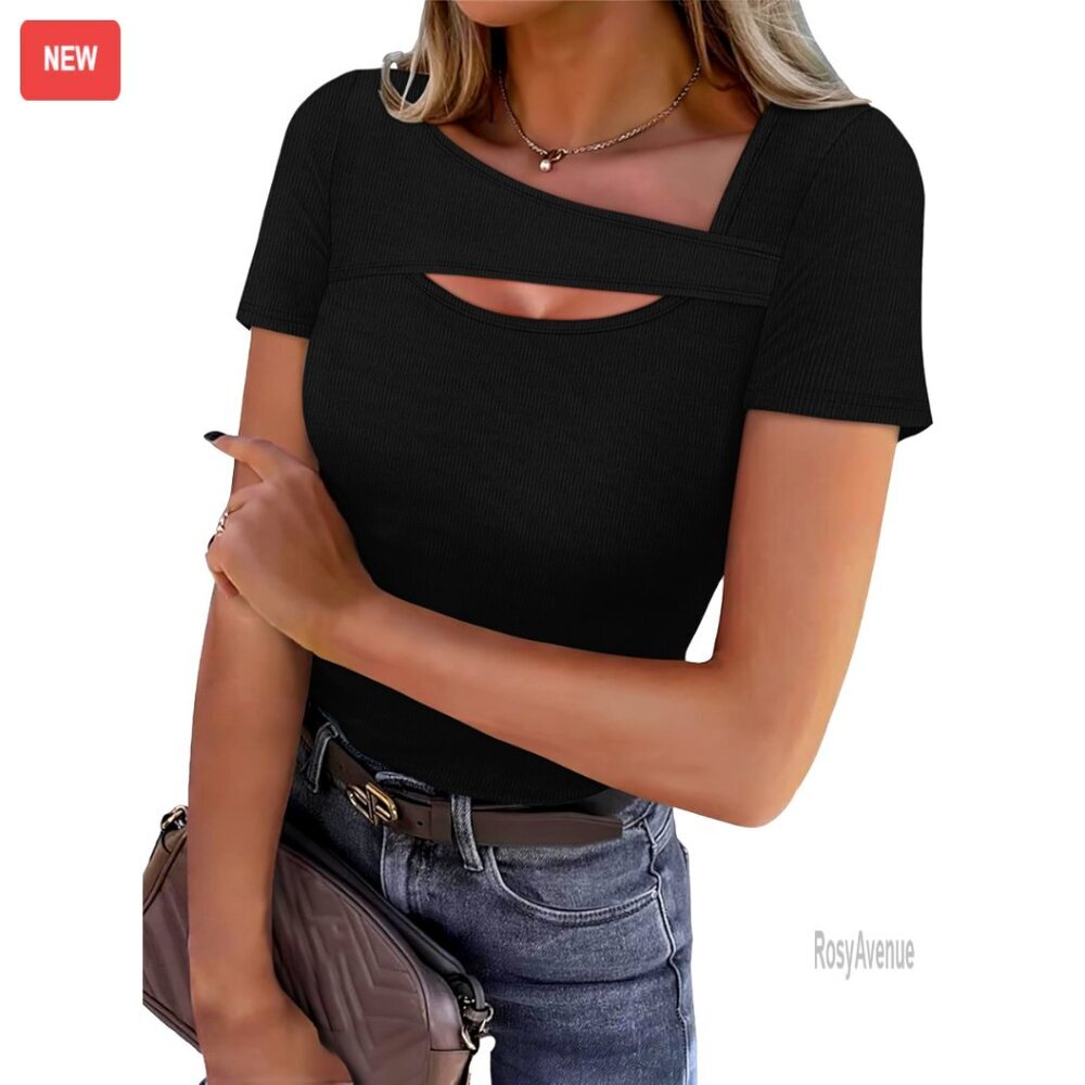 Slim Fit Cutout T-Shirt, Rayon Spandex Blend, Sexy Y2K Top
